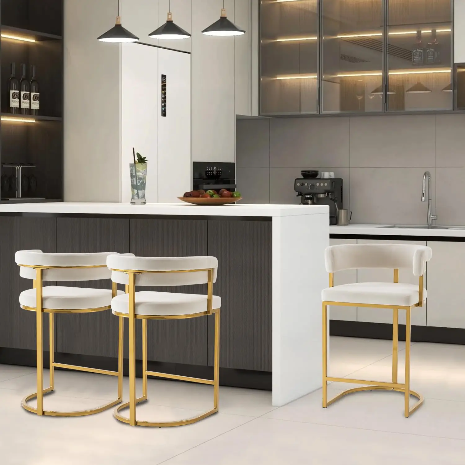 

Set of 3 Beige Modern Velvet Bar Stools with Barrel Backrest, Upholstered Seat, and Gold Metal Footrest – 25.6-Inch, Customized