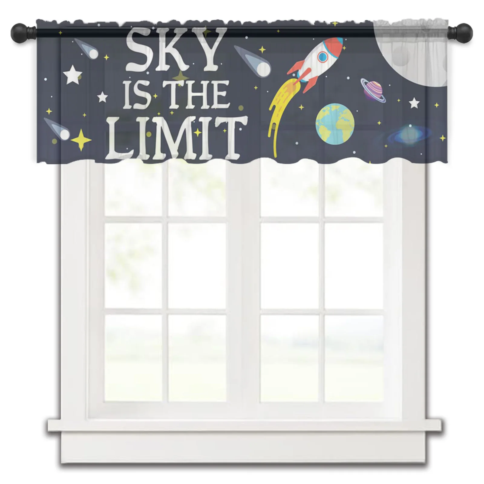 Space Universe Planet Rocket Starry Sky Tulle Curtains for Home Kitchen Sheer Yarn Curtain Cabinets Short Voile Curtain for Cafe