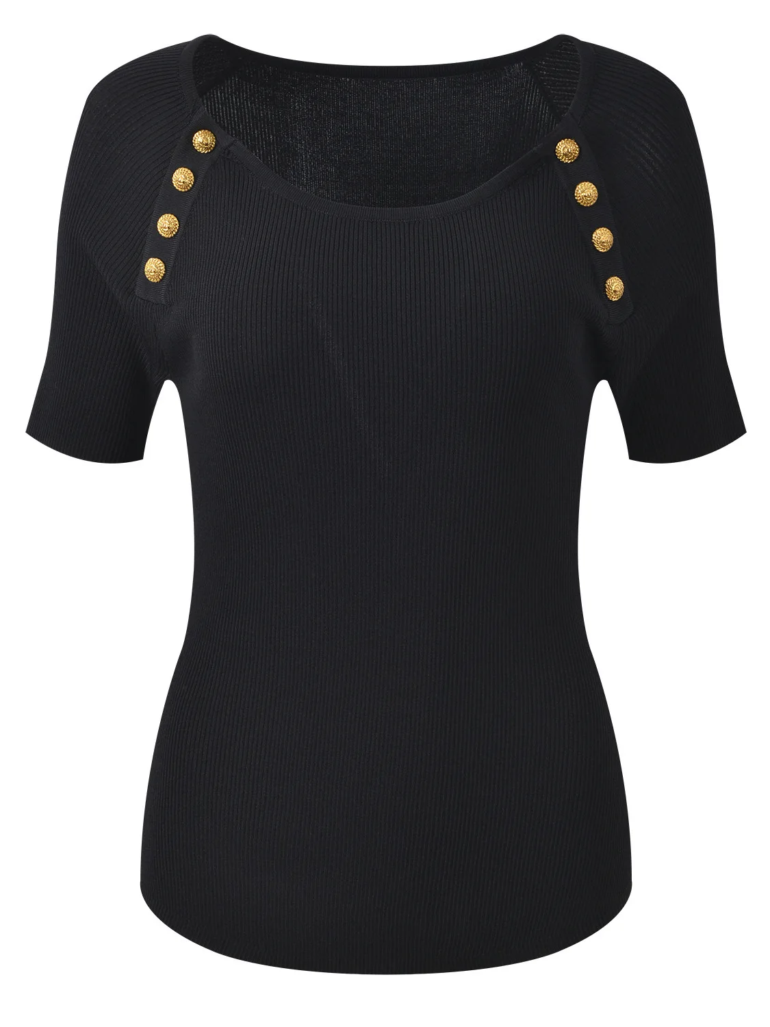 

Elegant Short Sleeve Knitted Top Women's Slim Fit Fashionable Bottom Hem High-End Version Golden Buckle Stylish Casual Wear