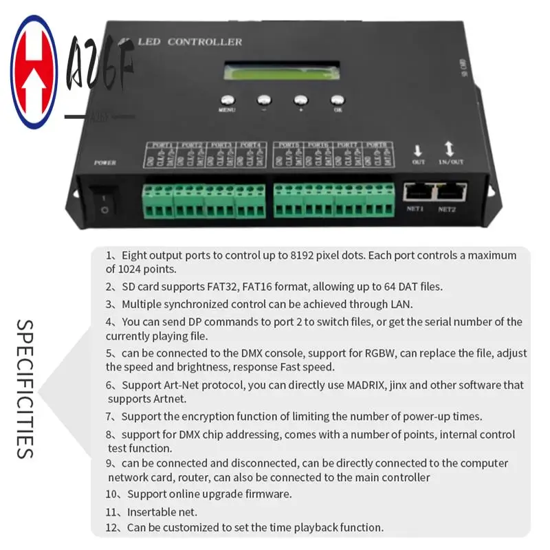 

A26F-Wifi LED Pixel Controller Artnet To SPI Supports Madrix Software LAN Synchrony SD Card DMX512 Console EU Plug