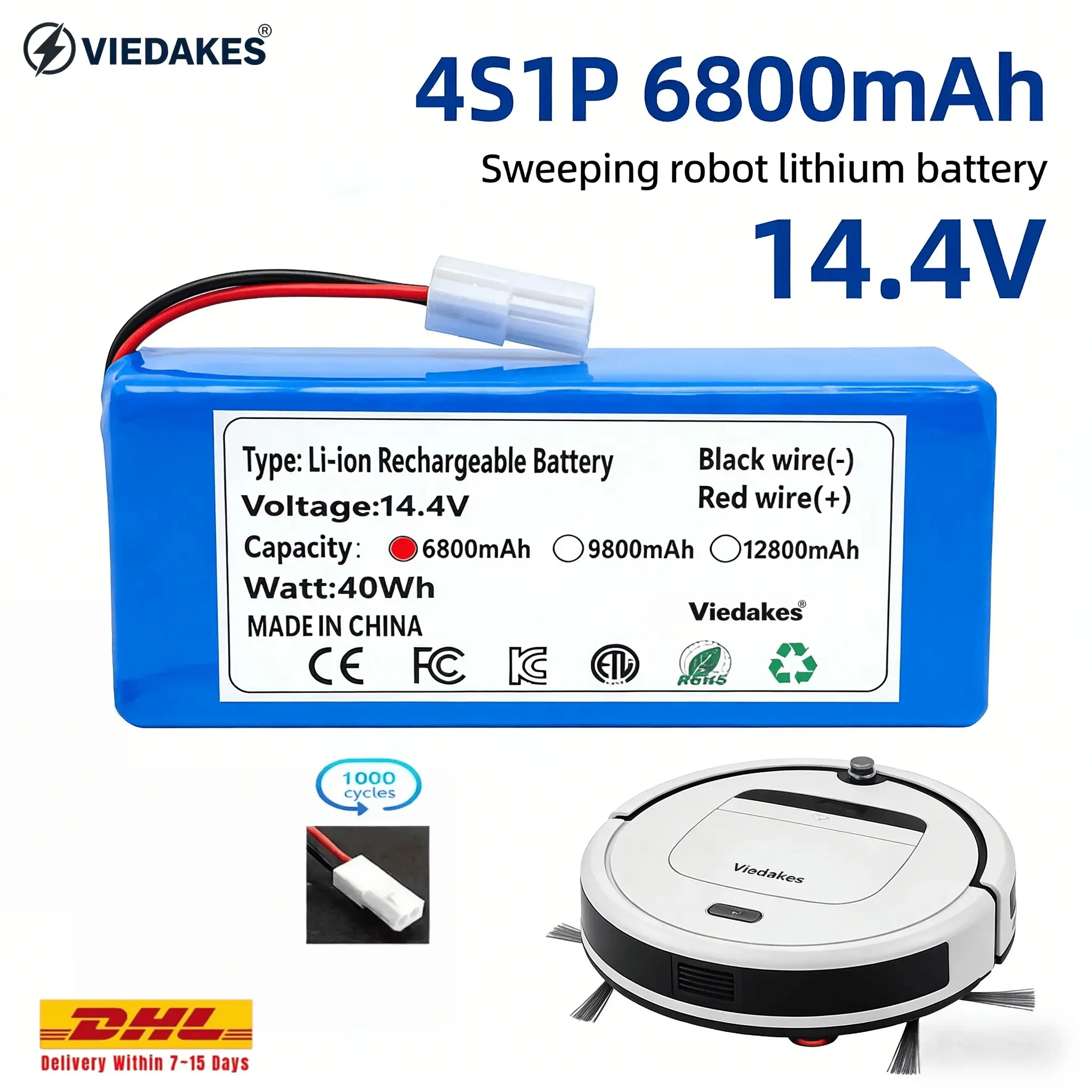 

4S1P 6800mAh 14.4V Li-ion Battery Pack,For XIAOMI MIJIA Mi Robot Vacuum-Mop Essential G1 MJSTG1, SKV4136GL H18650CH R30 R35