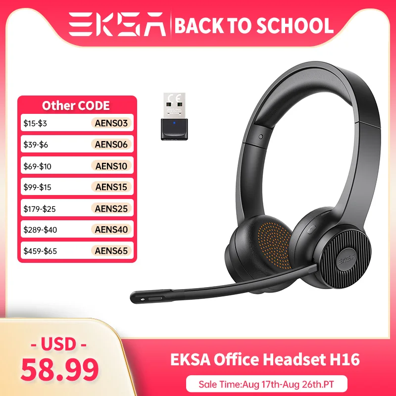 EKSA - H16 Bluetooth 5.2 Headsets, PC Wireless Headphones, AI ENC Mic, 35H Talk Time, with USB Dongle for Office/Call Center