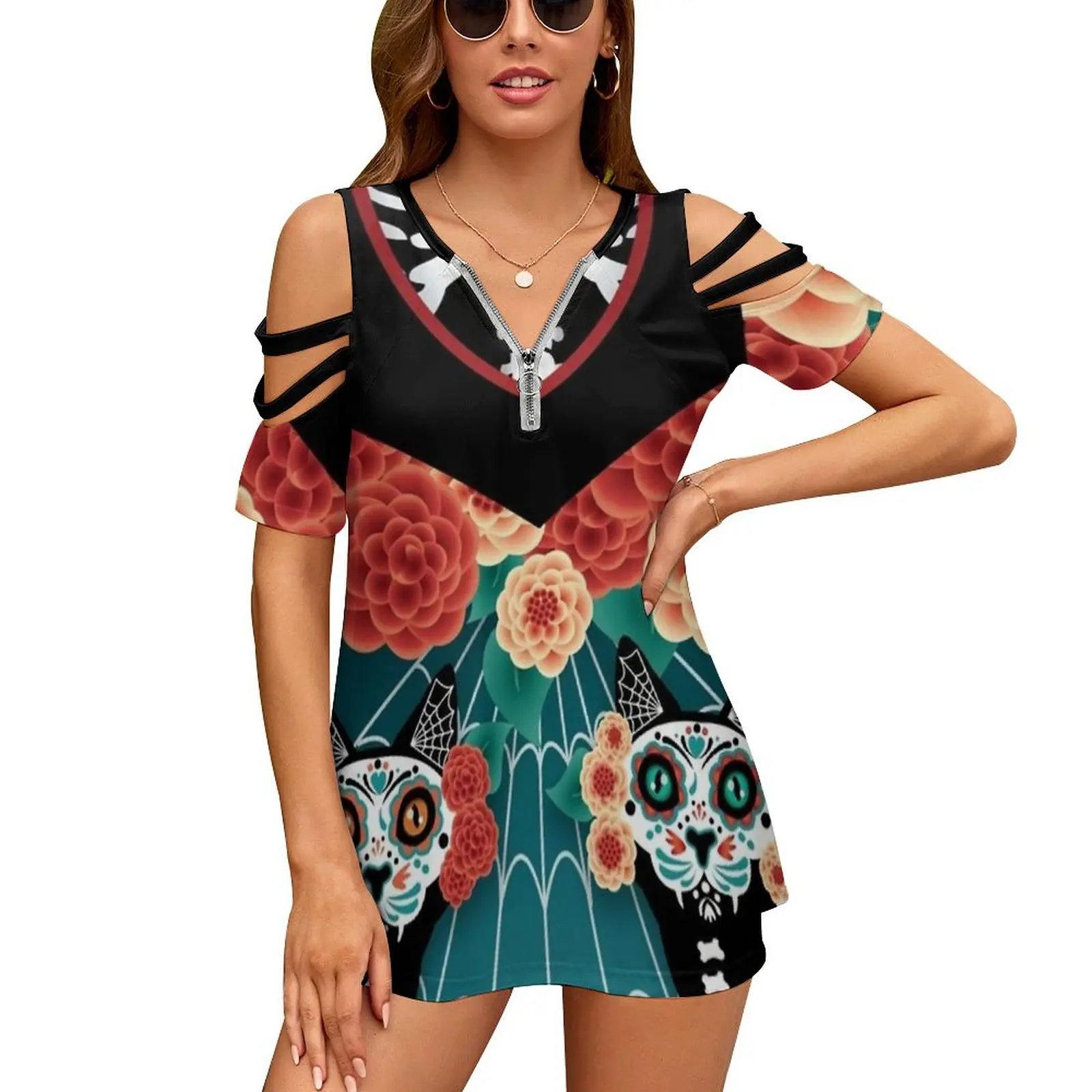 Catrina Dress New Fashion Zip Off Shoulder Top Short-Sleeve Women Shirt Catrina Cat Day Of The Dead Dia De Los Muertos