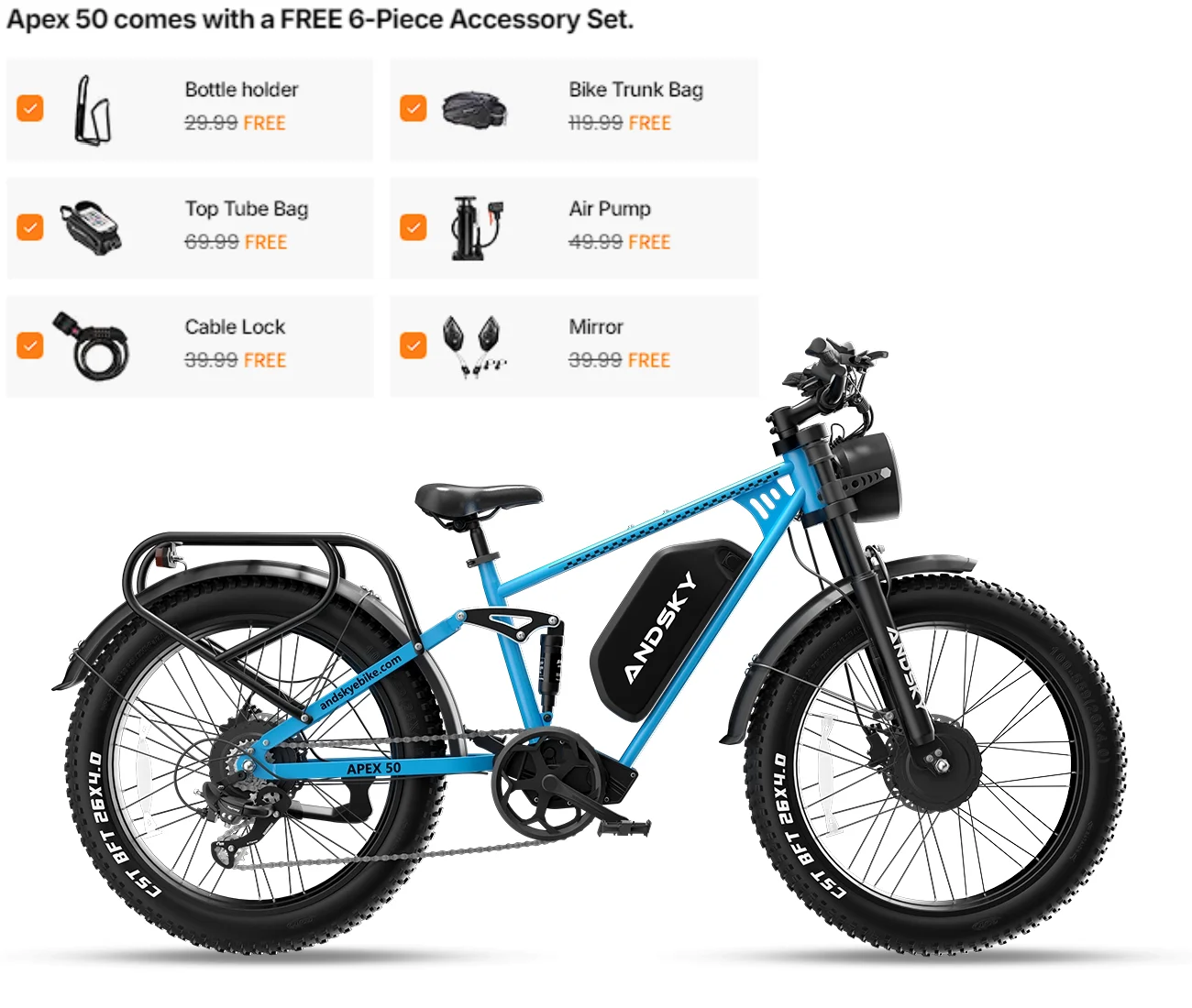 ANDSKY Apex50 AWD Electric Bike 3000W Dual Motor 35MPH 100Miles Long Range 48V/52V 25Ah Removable Battery City Off-Road Electric Bicycle for Adults Full Suspension 26*4 Inch All Terrain Fat Tire E-bike image 7