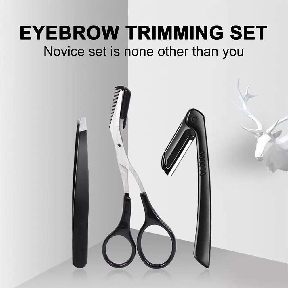 3Pcs Professional Stainless Steel Eyebrow Trimmer Set Scissor with Comb Tweezers Kit for Women Beauty Grooming Shaper Tool