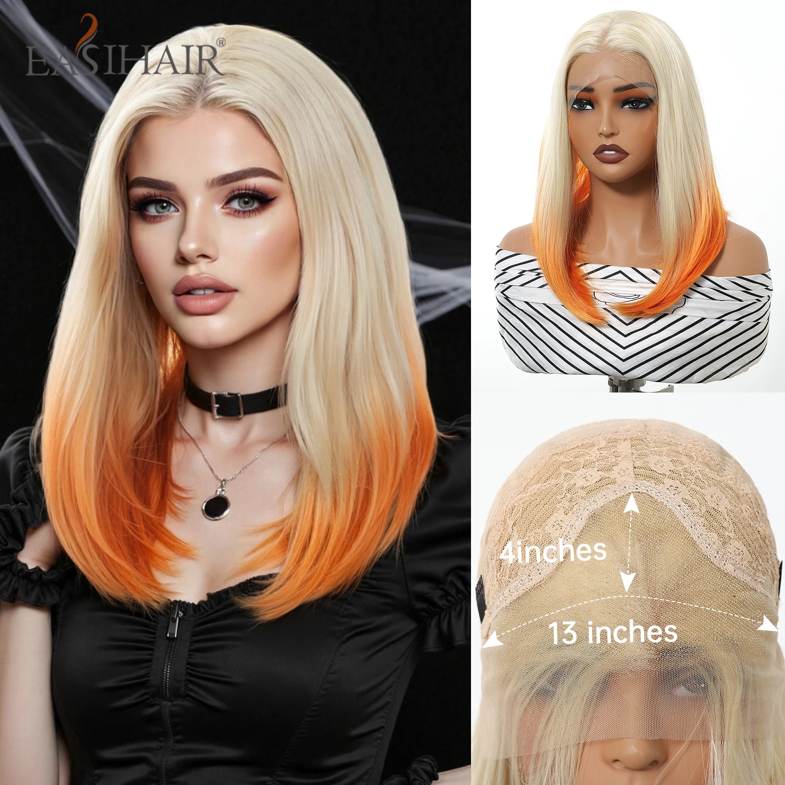 

EASIHAIR Ombre Блондинка Оранжевый Кружевные Фронтальные Парики Средней Длины Прямые Парики для Женщин 13*4 Кружевные Волосы Хэллоуин Косплей Накладные Волосы