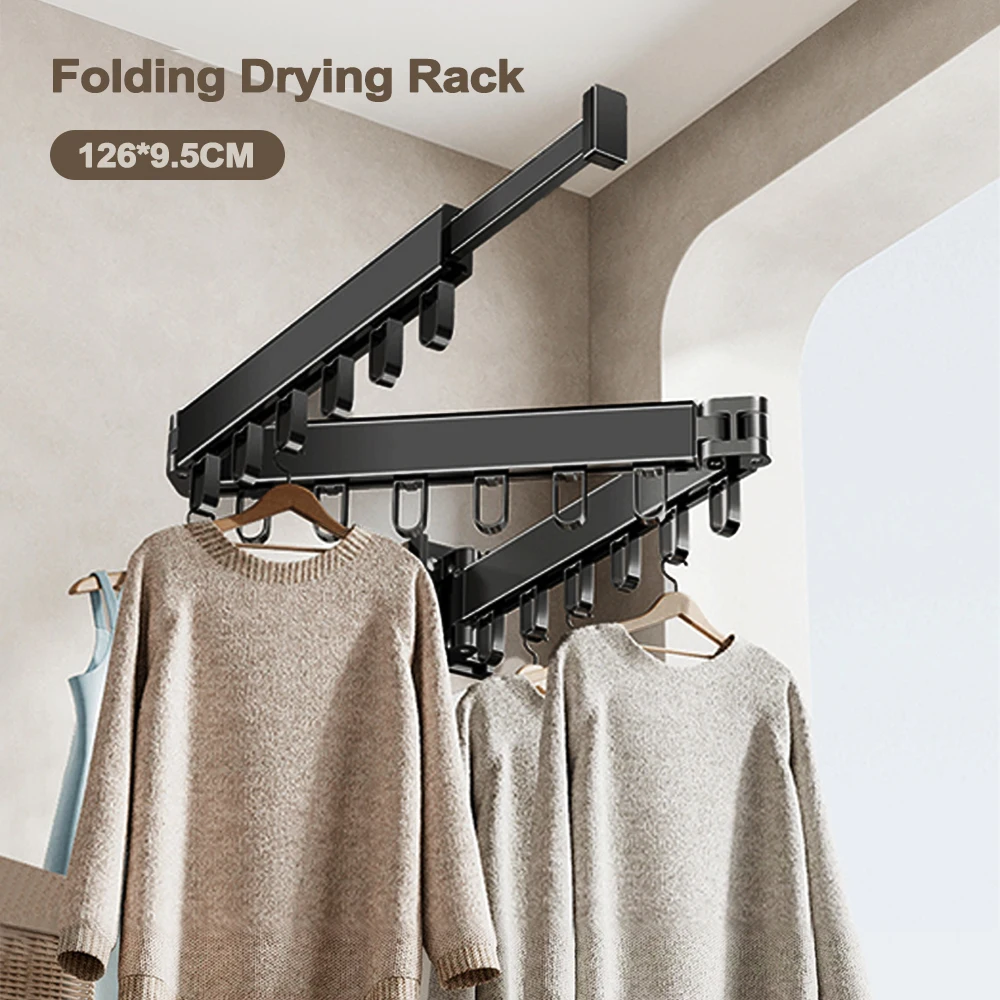Image of Faltbarer Wäscheständer zur Wandmontage, ausziehbarer Kleiderständer mit 18 Haken, langlebiges Aluminiummaterial, Tragkraft 13 kg, 2 Installationsmöglichkeiten für Waschküche und Balkon.