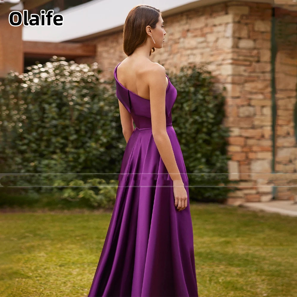 Olaife Satin Prom Gowns A Line One Shoulder Elegant Formal Evening Dresses for Women Sleeveless Floor Length Party Wear