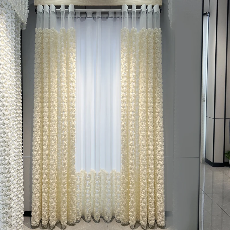 

Custom luxury French Nordic simple modern window livingroom Beige fashion lace flowerblackout curtain tulle drape M1607