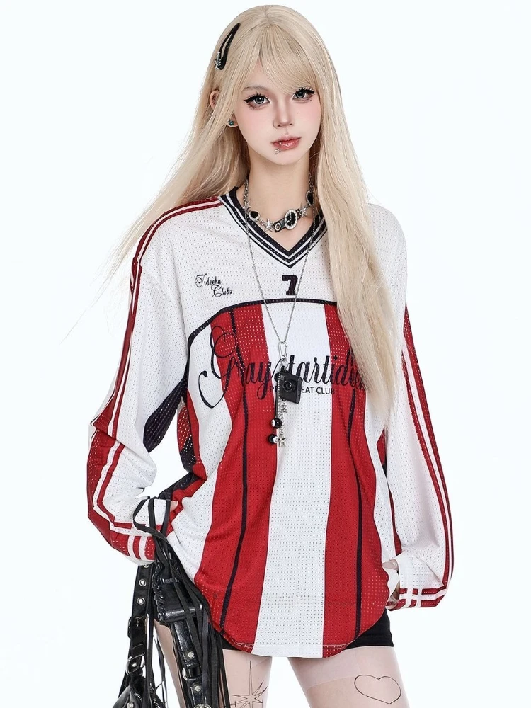 Y2K винтажный свитшот с принтом, женский американский стиль, негабаритный Kpop, уличная одежда в стиле хип-хоп, пуловеры с v-образным вырезом, корейские модные толстовки, топы