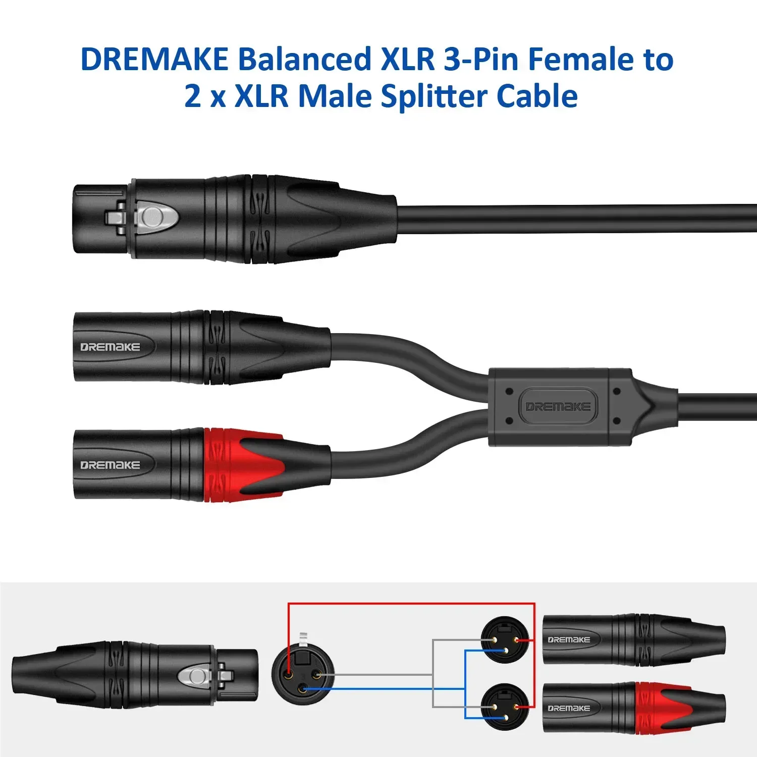 DREMAKE XLR to XLR Y-Splitter Cable Balanced XLR Female to Dual XLR Male Audio Microphone Adapter Y-Cable 2 XLR to 1 XLR Plug