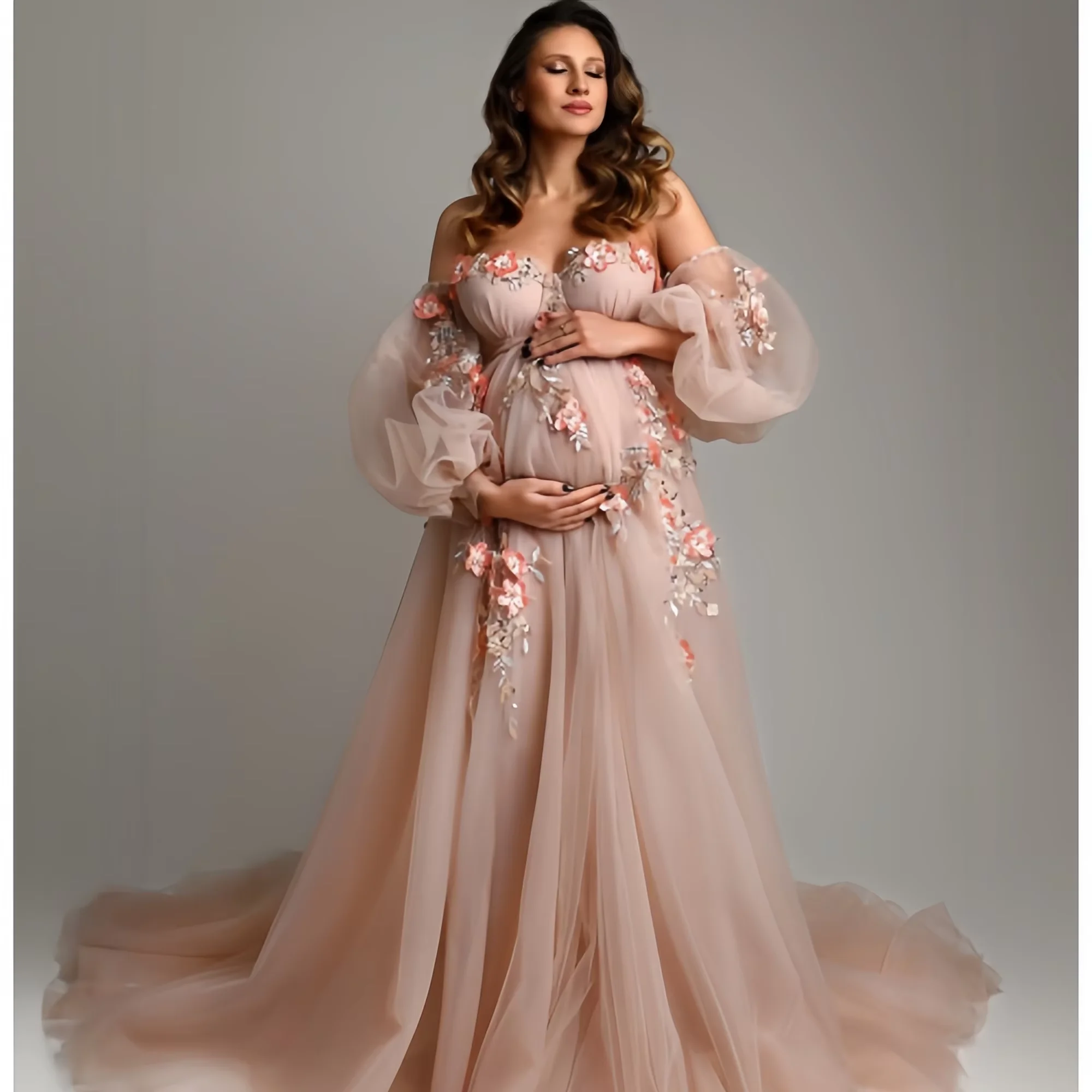 Illusion rose robes de maternité chérie robes de grossesse avec des fleurs personnalisé longue Tulle à plusieurs niveaux robe de boudoir photographie