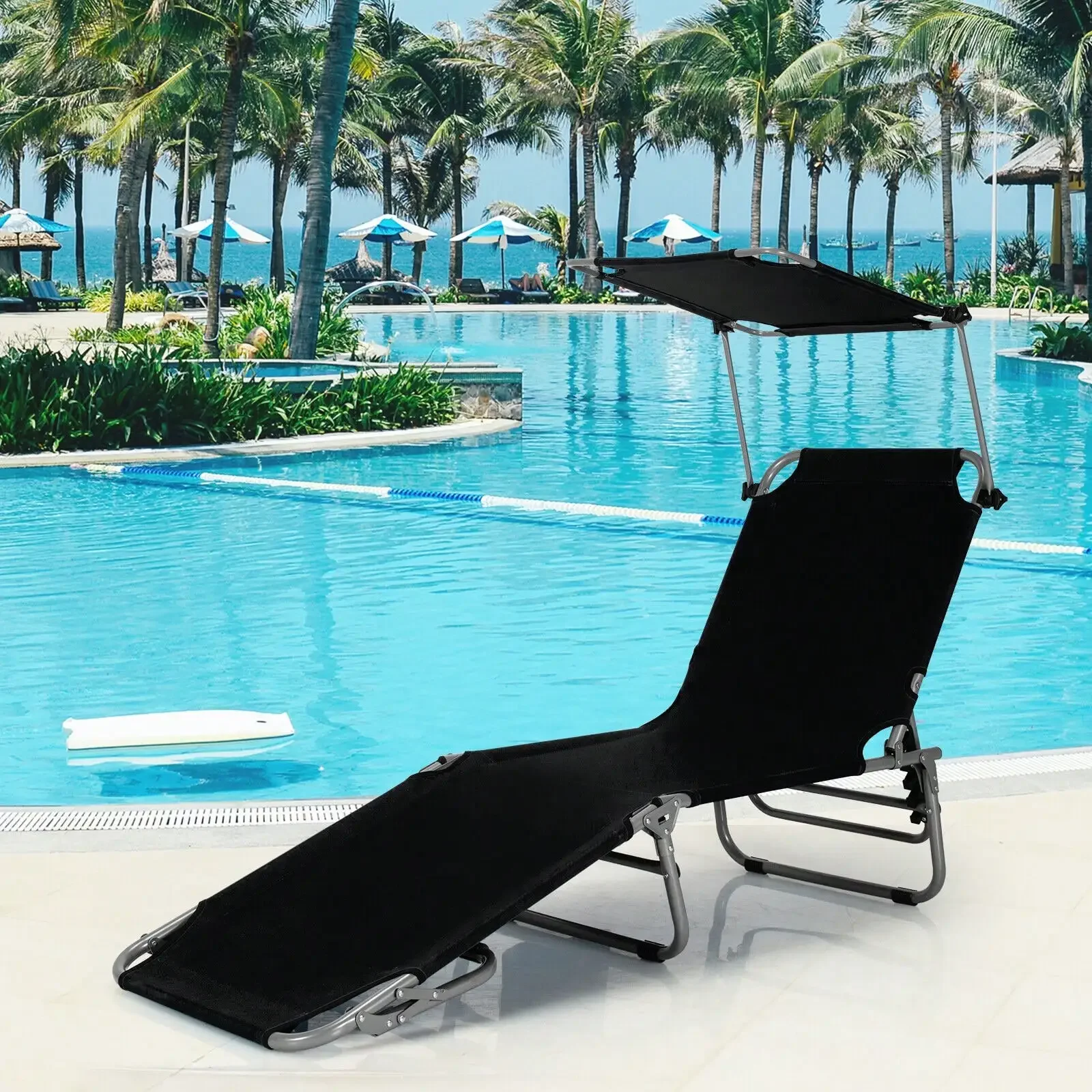 

For Chaise longue pliable réglable extérieure plage Patio piscine inclinable noir avec soleil
