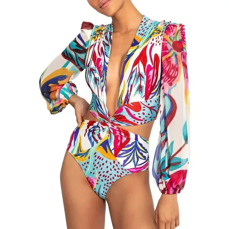 One Piece Swimsuit 2024 Long Sleeve Swimwear Women Bandage Print Monokini Sexy Black Bathing Suit String Backless Beachwear