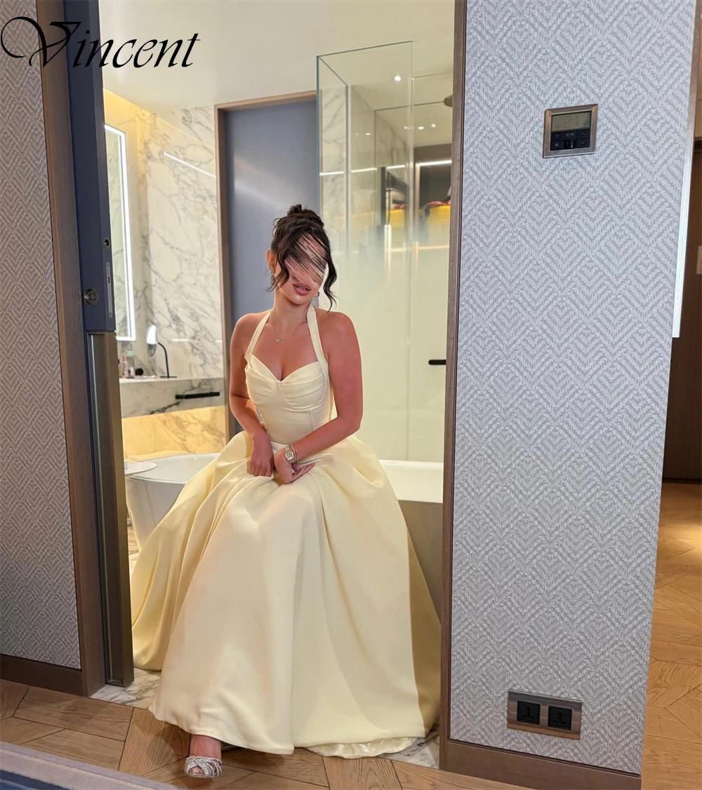 Желтые атласные платья для выпускного вечера в Саудовской Аравии по индивидуальному заказу для женщин, простое вечернее платье с лямкой на шее, классические вечерние платья трапециевидной формы без рукавов