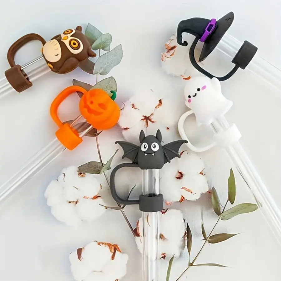 Halloween Silicone Straw Cover: Cute Ghost, Bat, Witch Hat and Pumpkin Design - Suitable for 10mm Straw