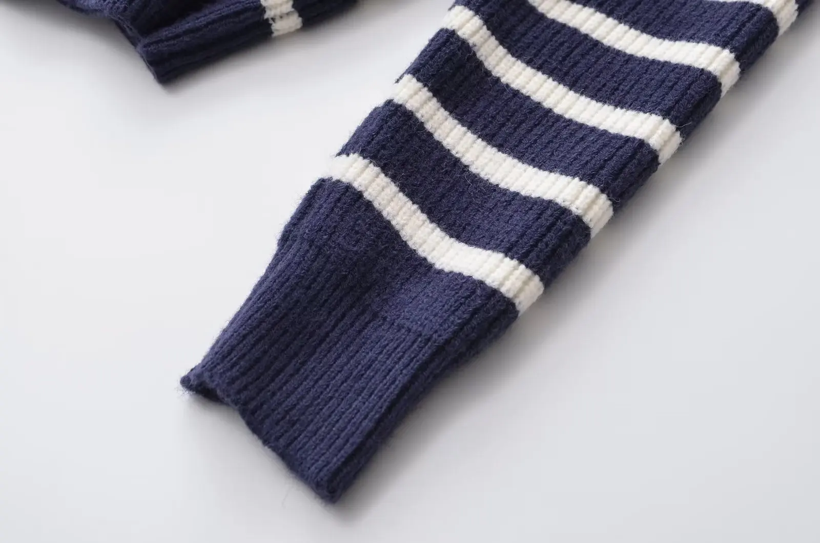 Withered Patchwork Navy Blue French Retro Striped Sweater Winter Button Decoration Fashion Knitwear Women Tops