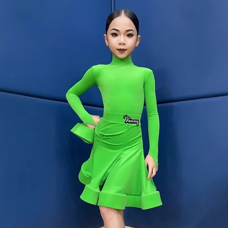 فستان رقص لاتيني للنساء، زي مسابقة قاعة الرقص، قماش ذهبي لامع، ملابس رقص قياسية احترافية برقبة عالية #3