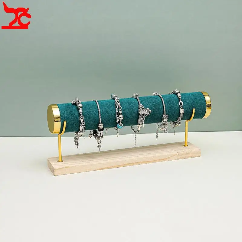 

Necklaces Bracelets Watches Display Stand Featuring A Wooden Base Metal Frame and A Velvet-Covered Rod