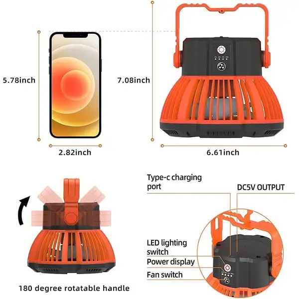 Imagem -06 - Usb Recarregável Led Fan Light Lanterna ao ar Livre Fan Lamp Controle Remoto Portátil Camping Tent Travel Power Bank 5200mah