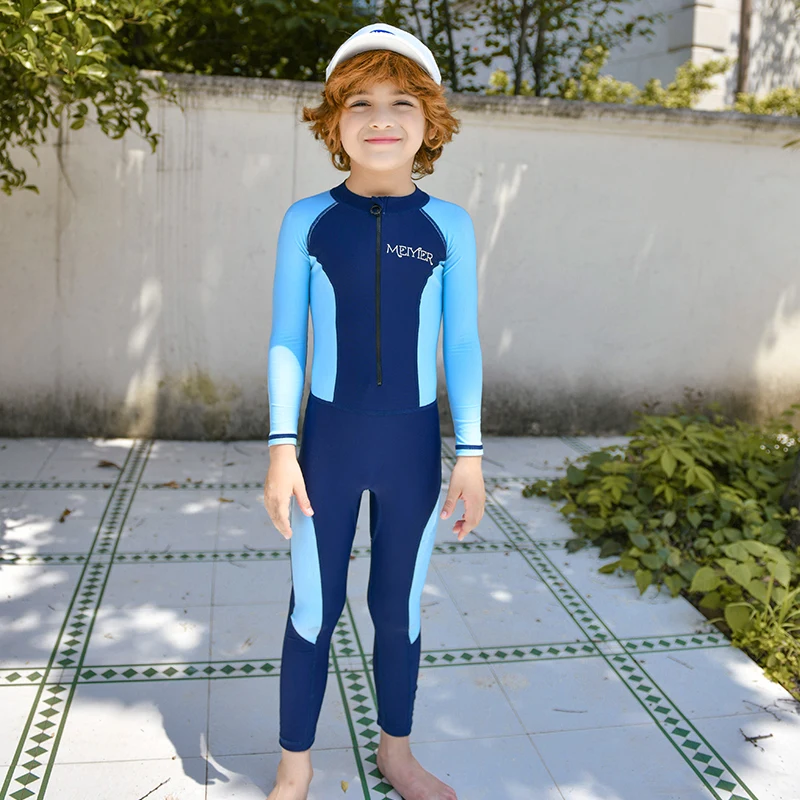 MEIYIER 2024 Blue Patchwork One Piece Swimming Suit For Kids Boys Freediving Wetsuit Zipper Full Body Long Sleeve Swimsuit