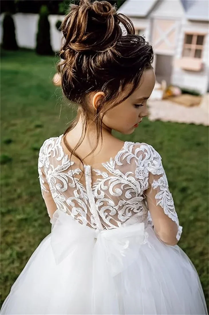 White Communion Dress for Girls 2-14 Long Sleeves Flower Girl Dress Lace Applique Country Wedding Party Dress for Juniors