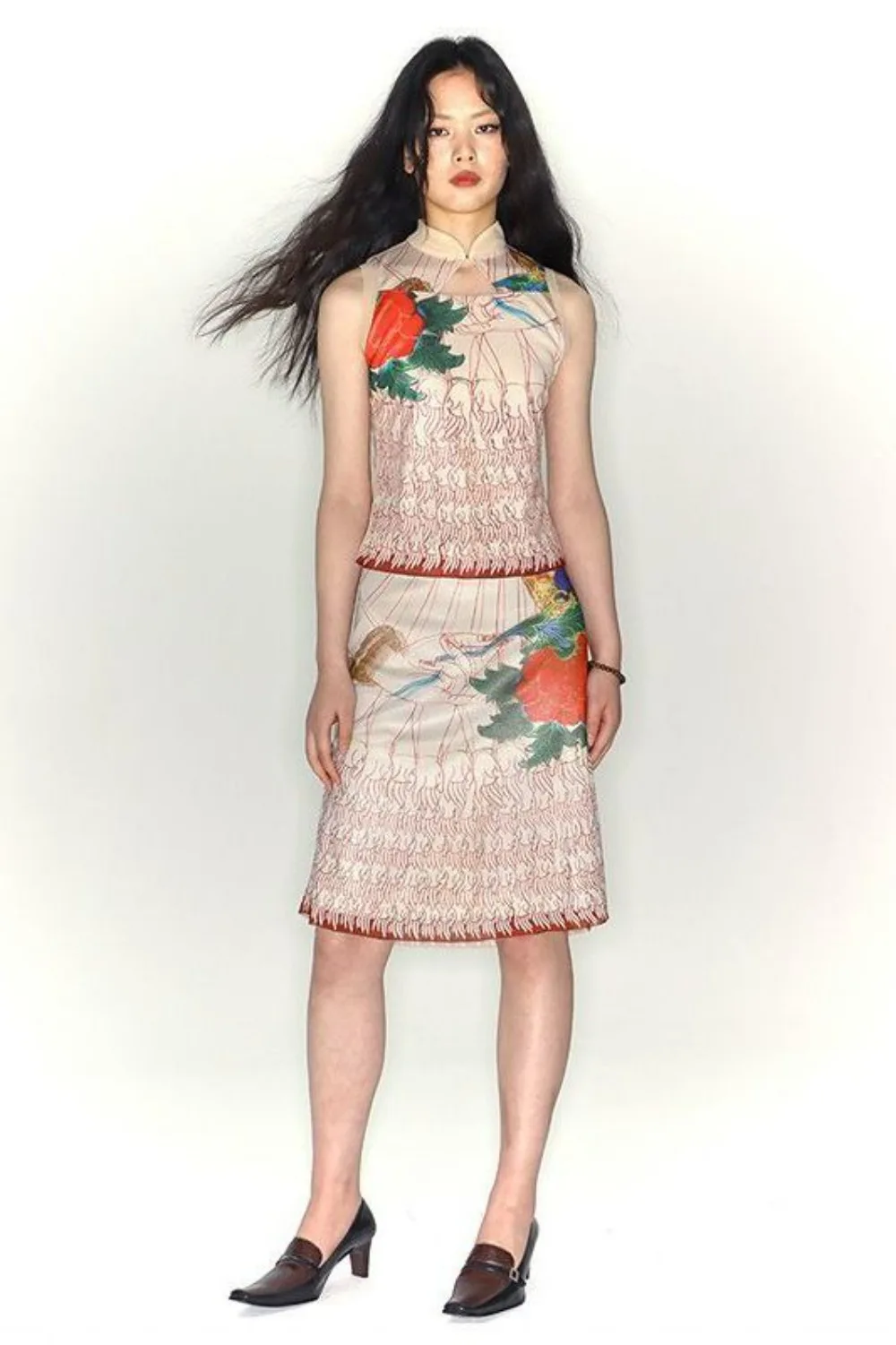 Conjunto estudioso silenciado gola mandarim sem mangas top floral midi saia duas peças roupa de verão academia chinesa estética silencioso mini