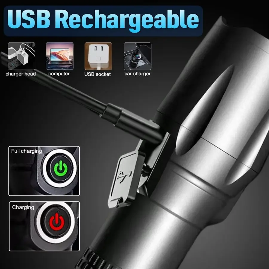 Ultra-Bright Zoomable Rechargeable LED Flashlight Work Lamp Adjustable Focus Torch Water-Resistant Handheld Flashlights