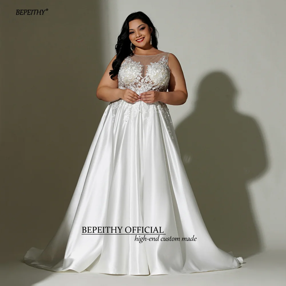 BEPEITHY Customized A Line Ivory Plus Size Satin Wedding Dresses For Women O Neck Sleeveless Sheer Sexy Curve Bridal Gowns