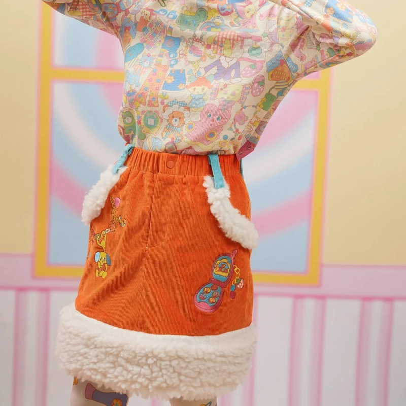 กระโปรงสั้นผ้ากำมะหยี่ลายสัตว์สีส้มแดง ดีไซน์ดั้งเดิม สำหรับผู้หญิง  คอลเลคชั่นฤดูใบไม้ร่วง-ฤดูหนาว น่ารัก นุ่ม หนา