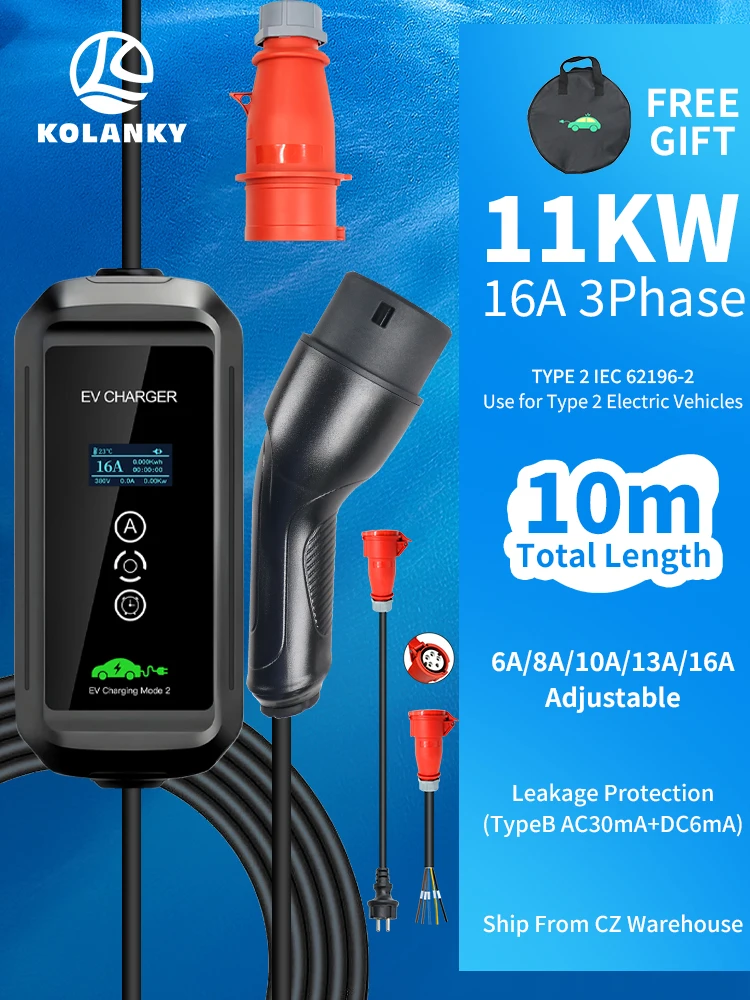 Kolanky 16A 11KW Typ 2 EV-Ladegerät Typ B mit Schutzzeitverzögerung 1-15 Stunden Ladezeit CEE Roter Stecker für Elektrofahrzeuge