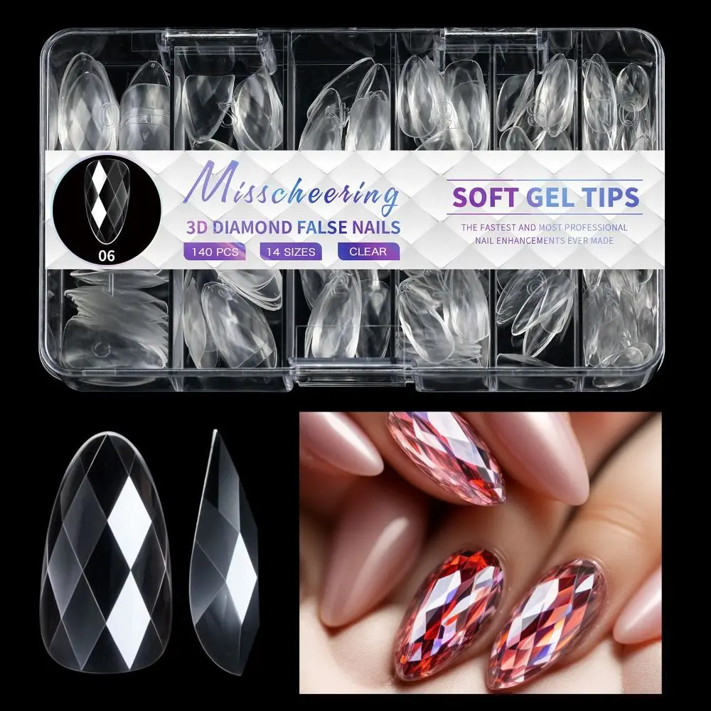 120/140pcs Luxury Diamond False Nail Tips Long Coffin Shaped DIY Soft Gel Nail Tips 3D Transparent Full Cover Fake Nails