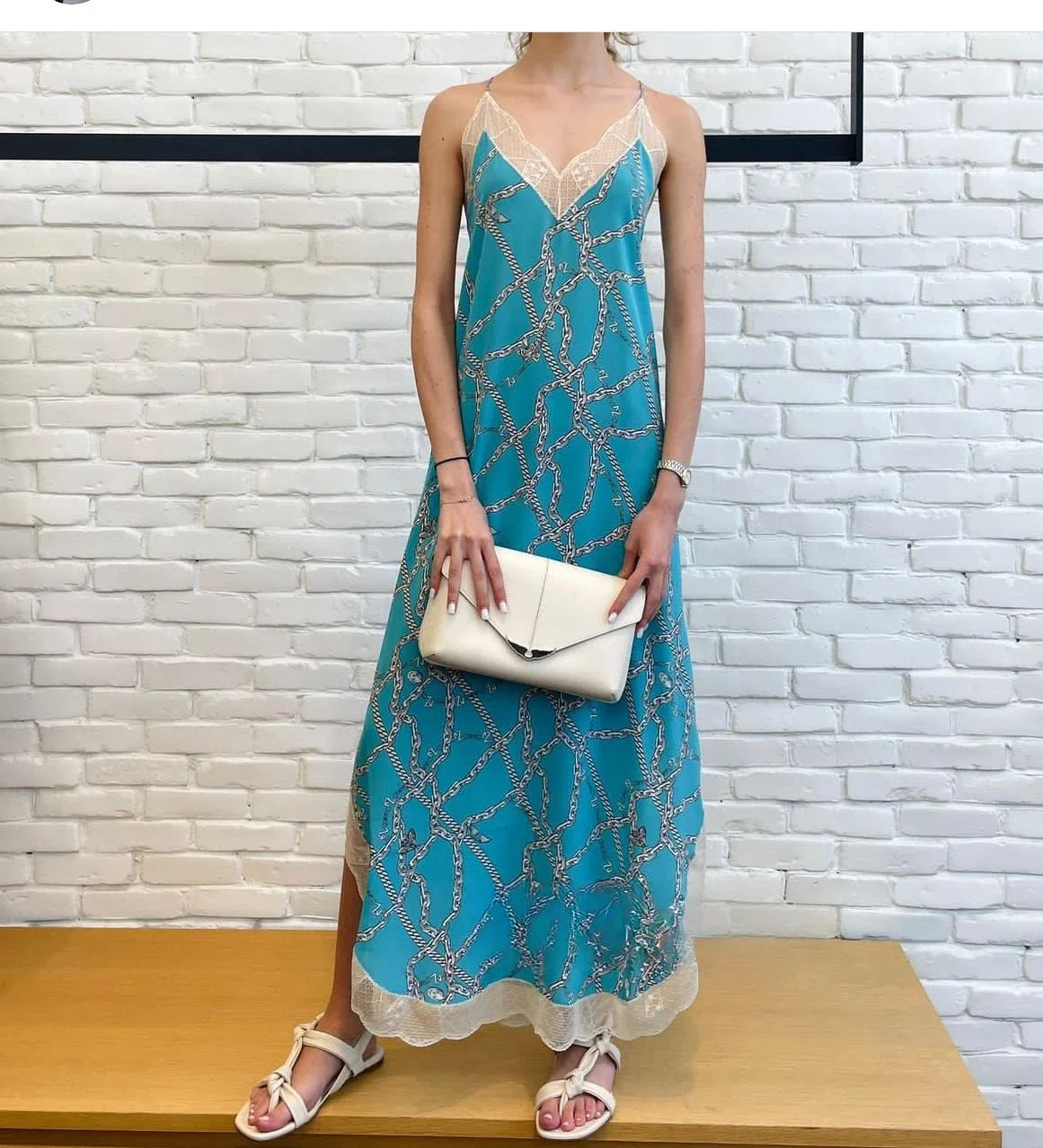 2024 Summer New Women\'s V-neck Lace Embroidery Side Split Fashion Blue Chain Print 100% Silk Sleeveless Tank Top Midi Dress