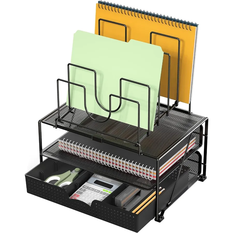 Desktop File Organizer with Double Tray and 5 Folder Stand for Efficient Office Desk Management Black Design to Keep Documents