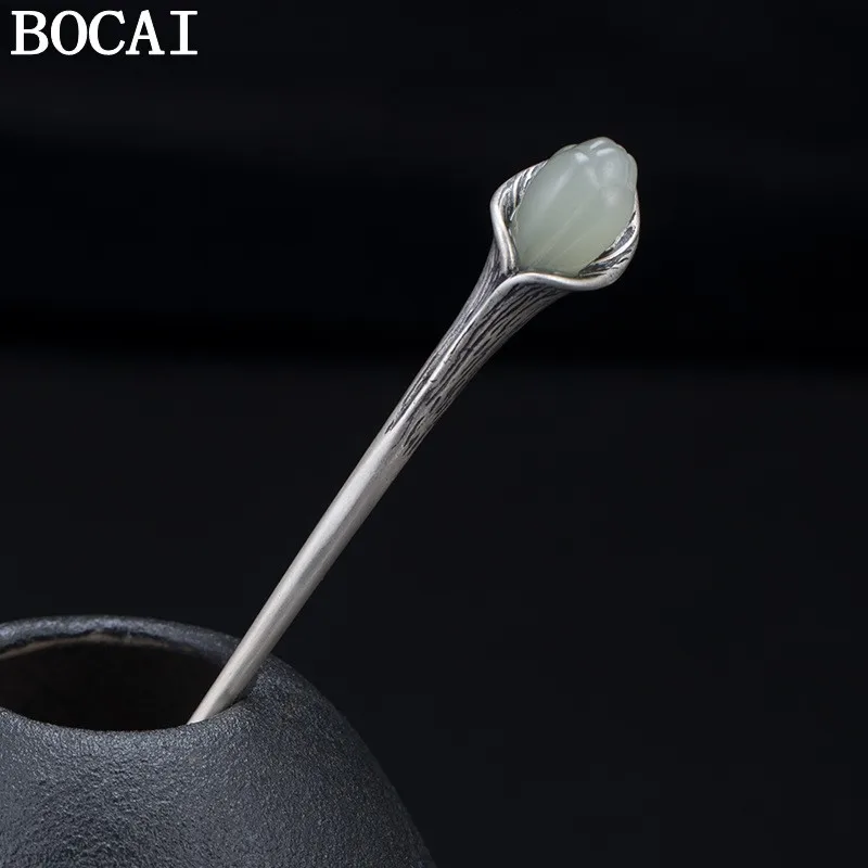 

BOCAI S925 Silver Hairpin for Women New Fashion Vintage Simple Flower Bud Hotan Jade Hair-sticks Headwear Hair Accessories
