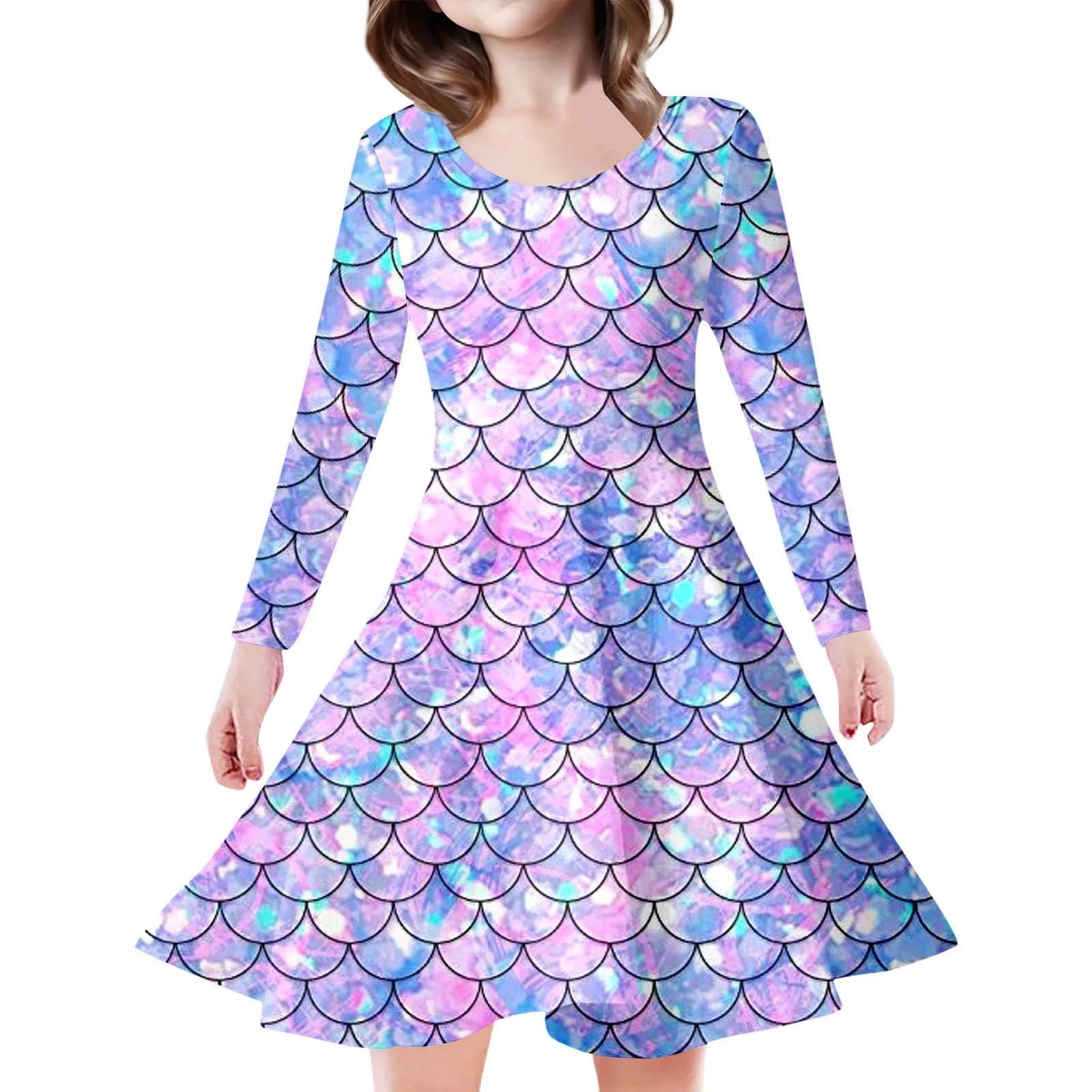 فستان بناتي للأطفال مطبوع عليه مقياس السمك بأكمام طويلة على شكل حرف A فساتين حورية البحر للأميرة المتأرجحة للحفلات التنكرية وحفلات الشاطئ غير الرسمية #3