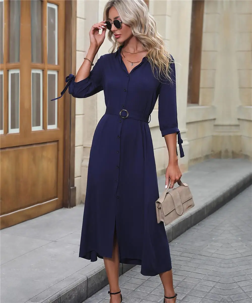 FICUSRONG  Autumn Winter Single Breasted Long Sleeve Soild V-neck Elegant Chiffon Casual A Line Knee Length Women Dress