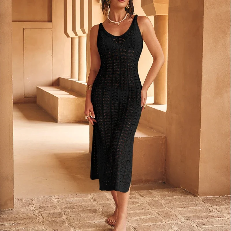 BWQ, nuevo estilo, Color sólido, cuello en V, ropa de playa tejida, cubierta para mujer, vestido de protección solar para vacaciones en la playa, vestido calado a la moda