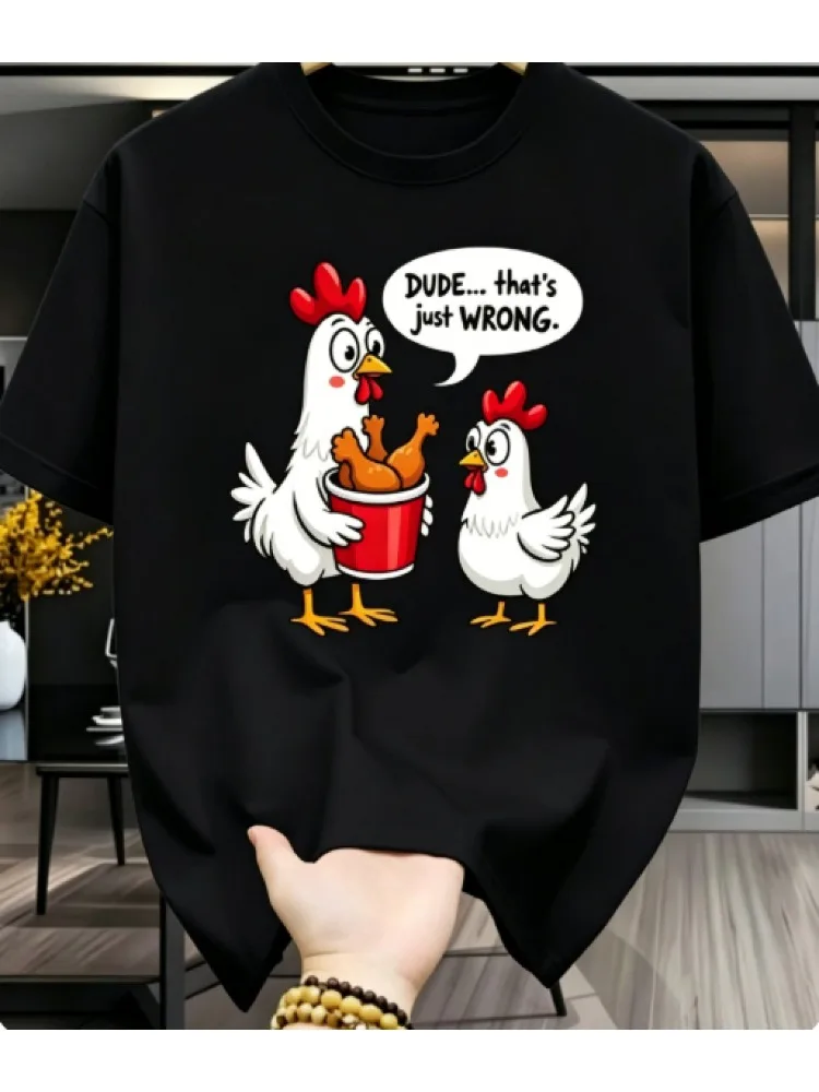 Mens Navy Cotton Tee Funny Chicken Fried Food Cartoon Speech Graphic Crew Neck Short Sleeve Humor Loose Male Casual Street Top