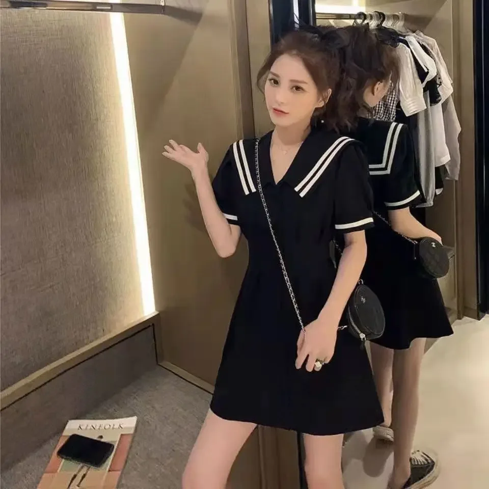 Korean Version of The Navy Collar White Mini Dress Women\'s Summer Preppy Retro Japanese Style Single-breasted Waist Shirt Skirt