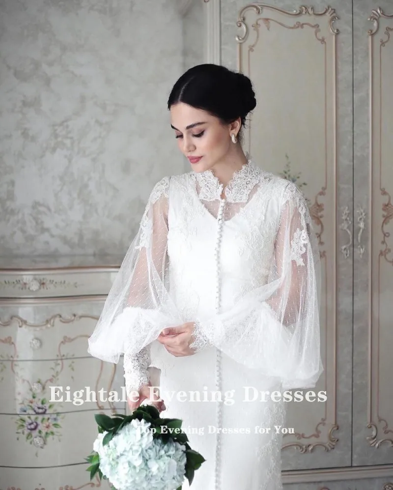 Eightale Abito da sposa arabo Personalizzato Applicazioni in pizzo Maniche lunghe Bianco Avorio Tulle Abito da sposa a sirena Vestido De Noiva