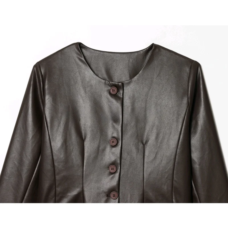 Inverno novo feminino casual longo sve redondo ne couro pu simulação agasalhos remendo decorativo ket fileira única múltipla...