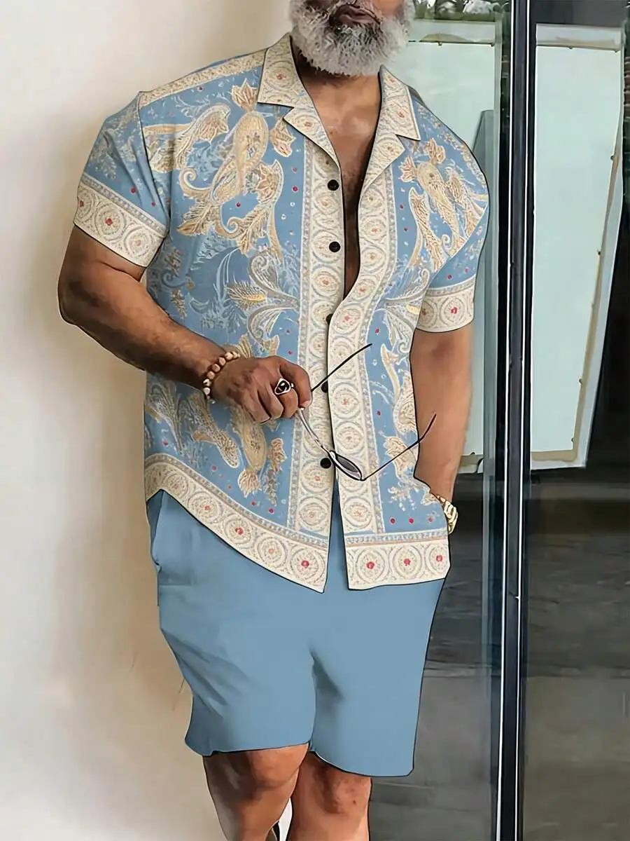 

Mens Short Sleeve Cuban Collar Shirt And Beach Shorts Set Light Blue Paisley Print Casual Summer Outfit