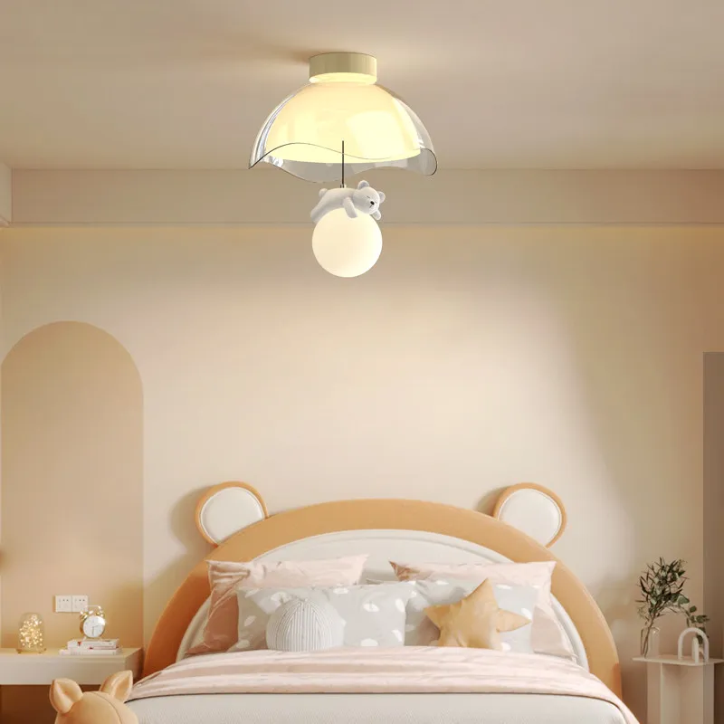 French Medieval Ceiling Light LED Boys Girls Bedroom Children's Room Creative Cream Style Eggshell Small White Bear Ceiling Lamp