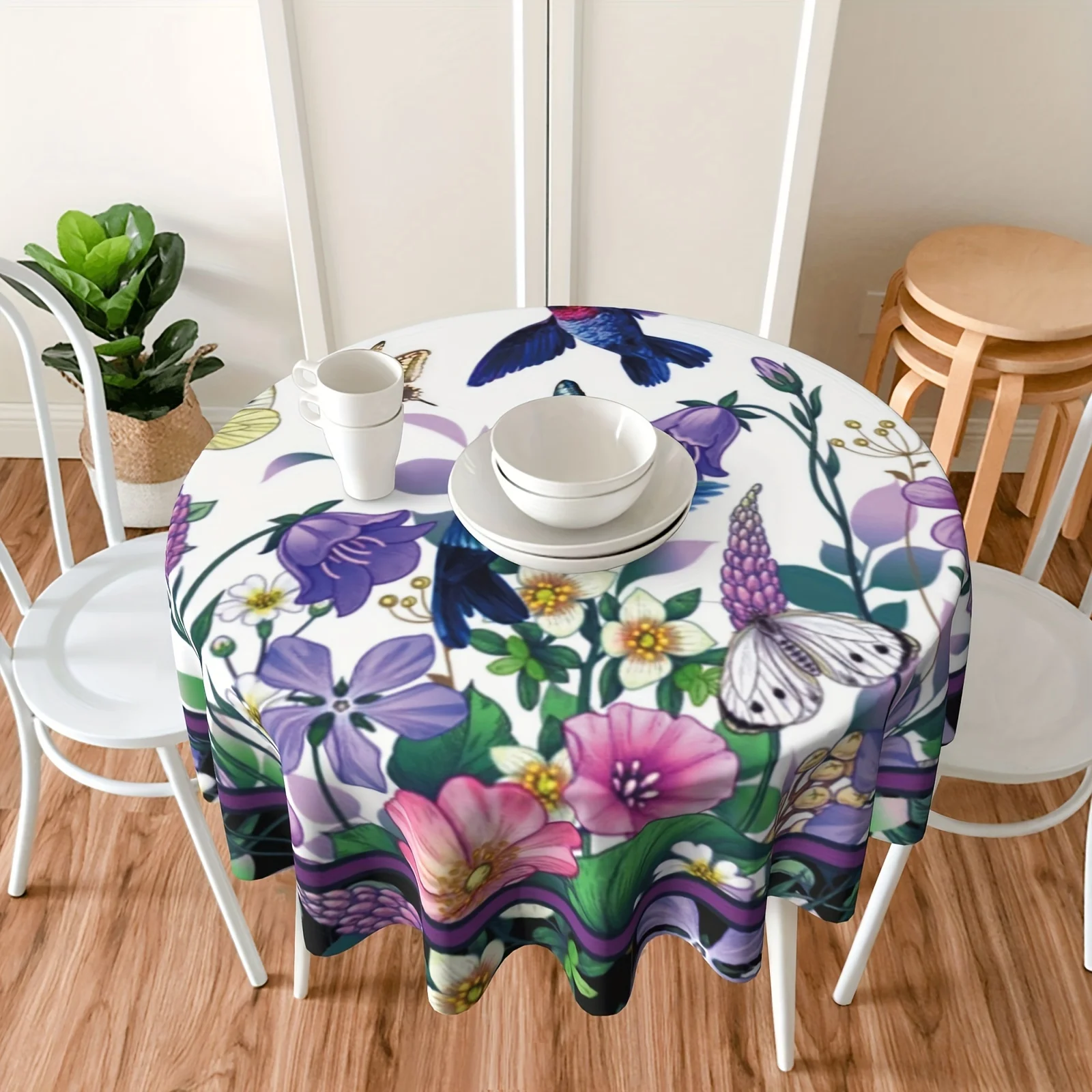 

Hummingbird Purple Floral Print Home Living Room Kitchen Round Dustproof Tablecloth Suitable for Home Kitchen Dining Decoration