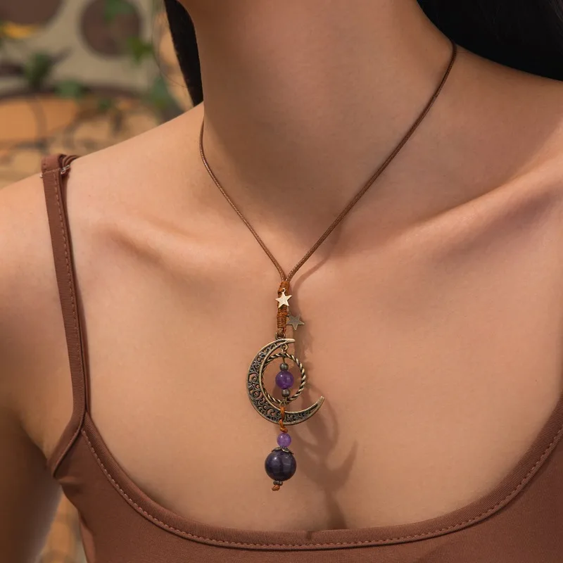 

Fashionable ethnic style hollow moon tassel necklace retro temperament round bead long collarbone chain for women