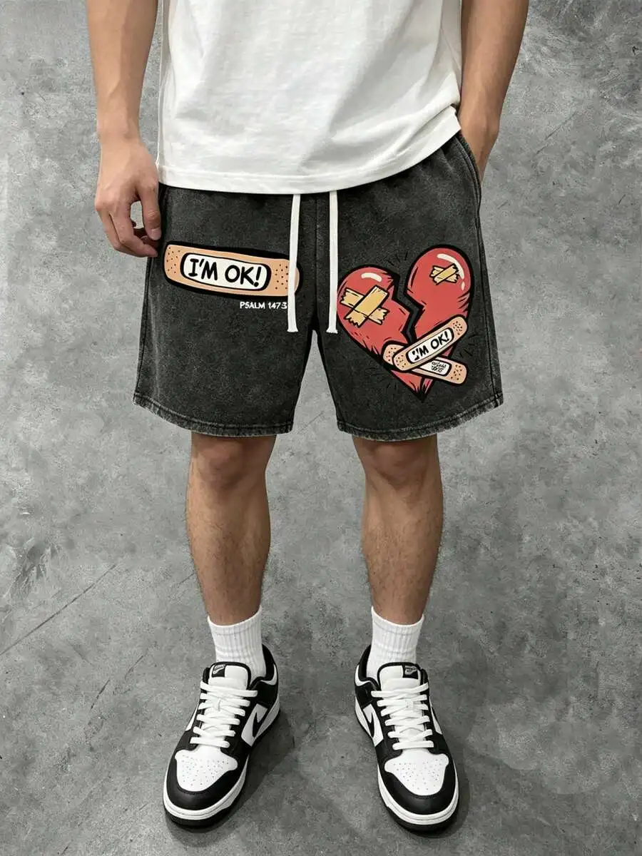 

Mens Vintage Washed Cotton Shorts With Distressed Heart Bandage Print Relaxed Fit Elastic Drawstring Waist Casual Streetwear
