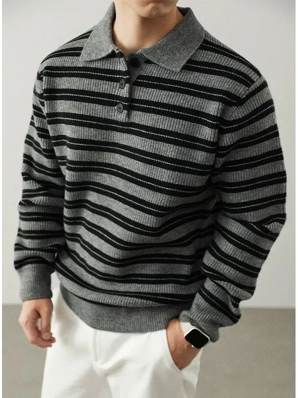 

Высококачественный вязаный мужской свитер с длинным рукавом, удобный, теплый, в полоску, повседневный, модный, для осени и зимы.