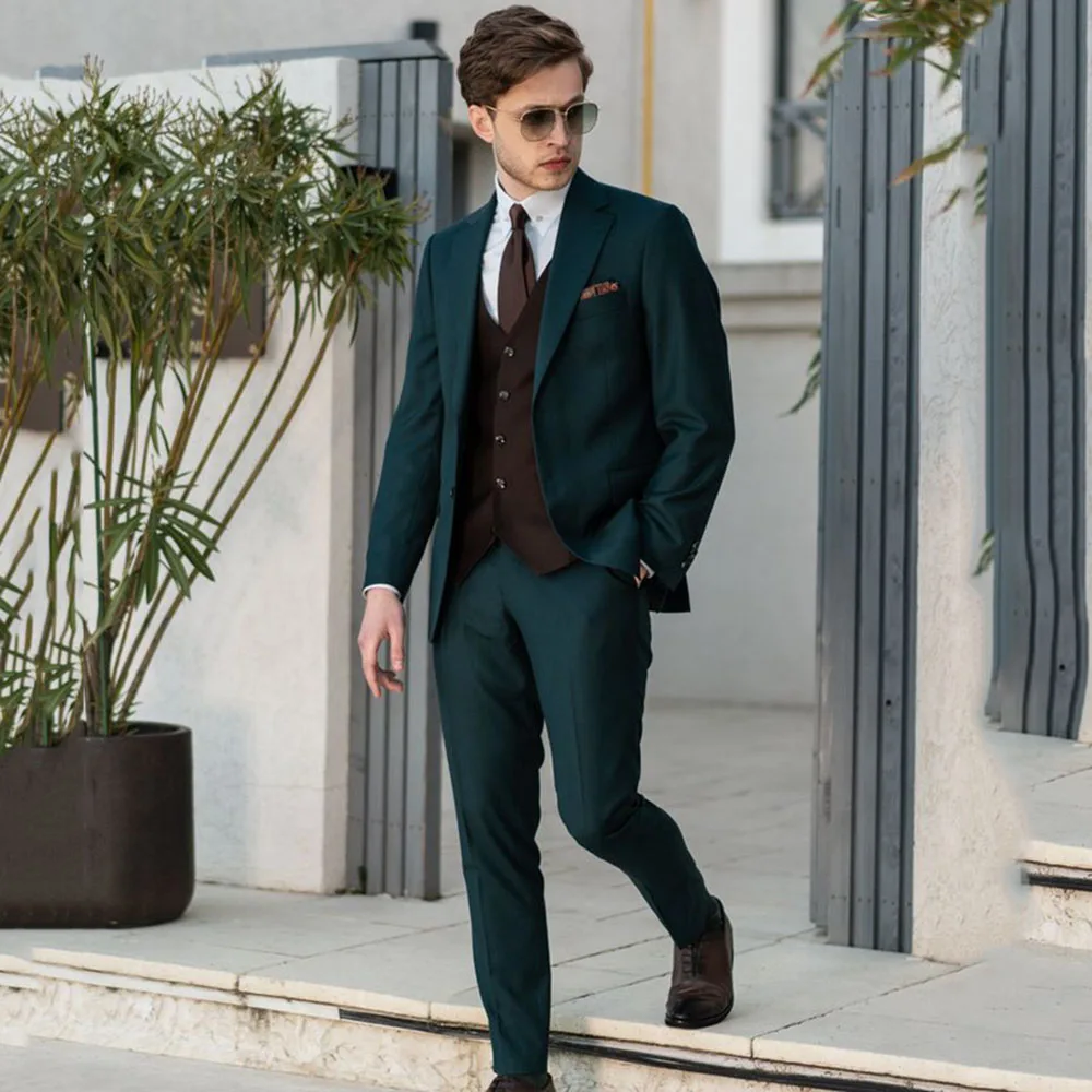 

Красивые мужские костюмы, однобортные комплекты из 3-х предметов, зеленый пиджак, брюки, черный жилет, мужская одежда, свадебные деловые комплекты блейзеров