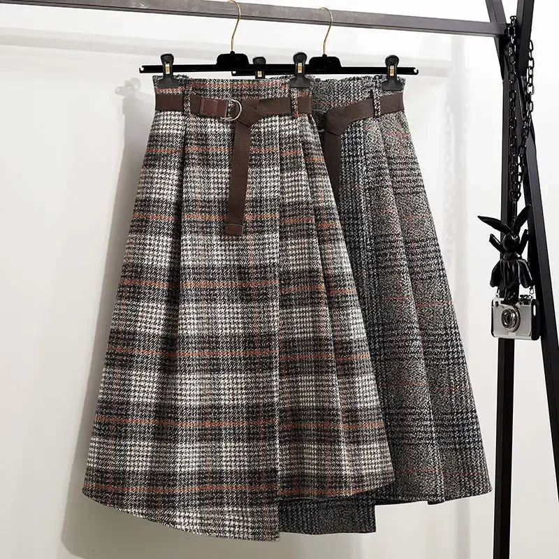 

Woolen plaid irregular large swing half skirt Spring and Autumn new retro skirt high waist slimming mid length skirt for women